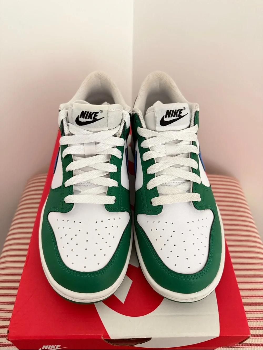 Nike Kids Low-Top Sneakers — White, Green & Red with Blue Swoosh
